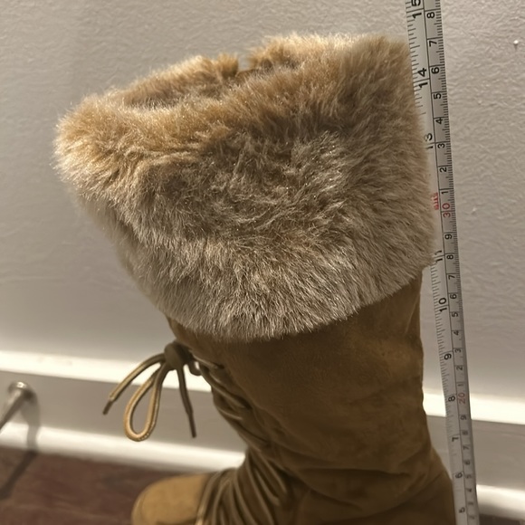 RAMPAGE Tan Faux Fur Wedge Lace Up Mid Calf Boots - Picture 4 of 7